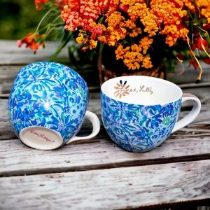 Lilly Pulitzer Ceramic Mugs Set of 2 Blue Floral/Gold 12 fl oz NWOT